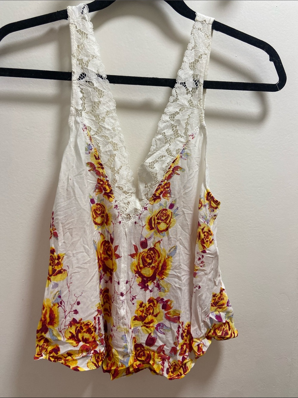 Free People White Lace-Trim Floral Camisole with Yellow Roses